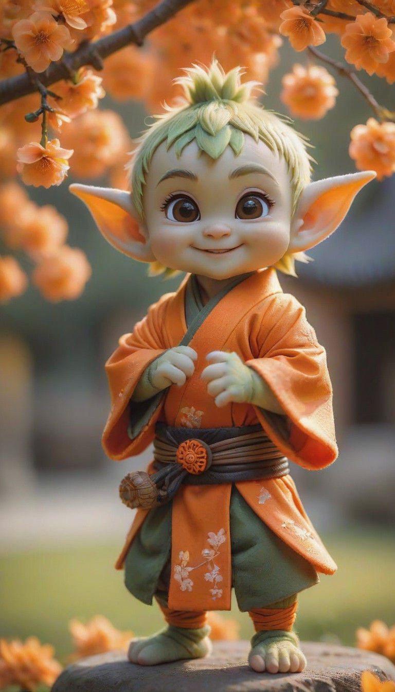 Miniature Samurai Elf in Vibrant Blossom Portrait
