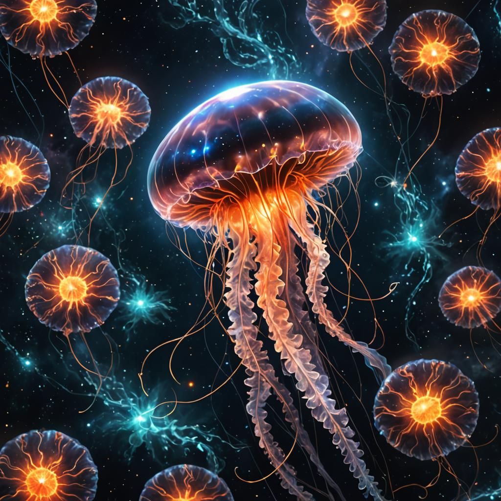 Bioluminescent Jellyfish Drifting Near Supernova in Space