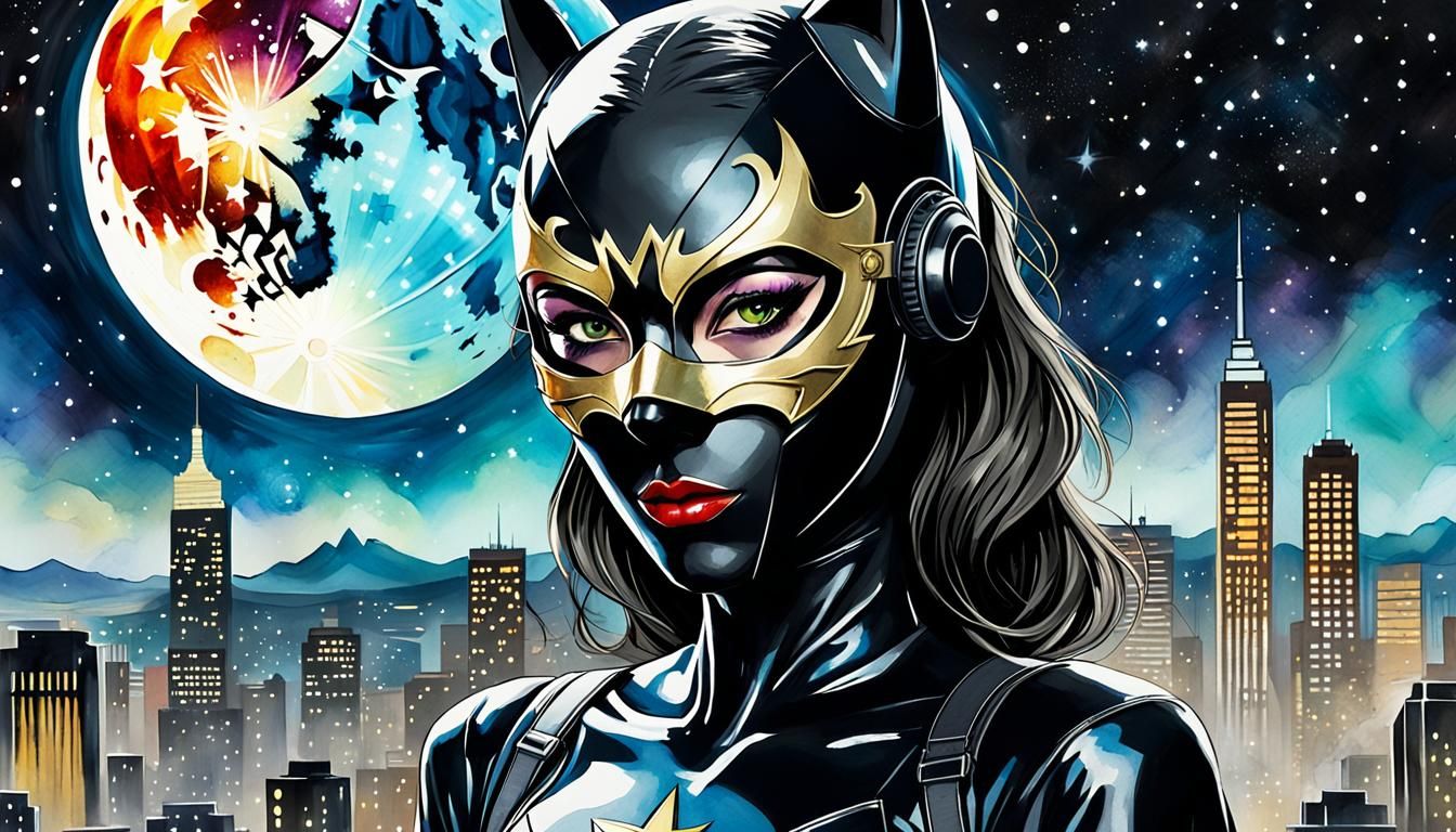 Catwoman in Pop Art Style with Cityscape