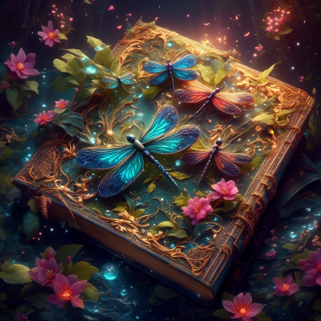 Dragonflies and Dazzling Books in Fantasy Style