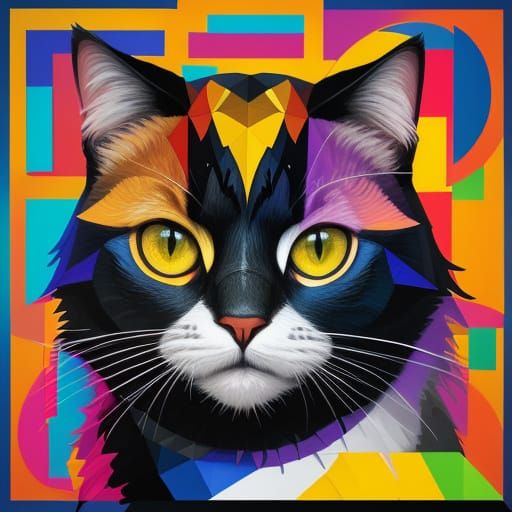 Geometric Cat Portrait in Vibrant Cubist Style