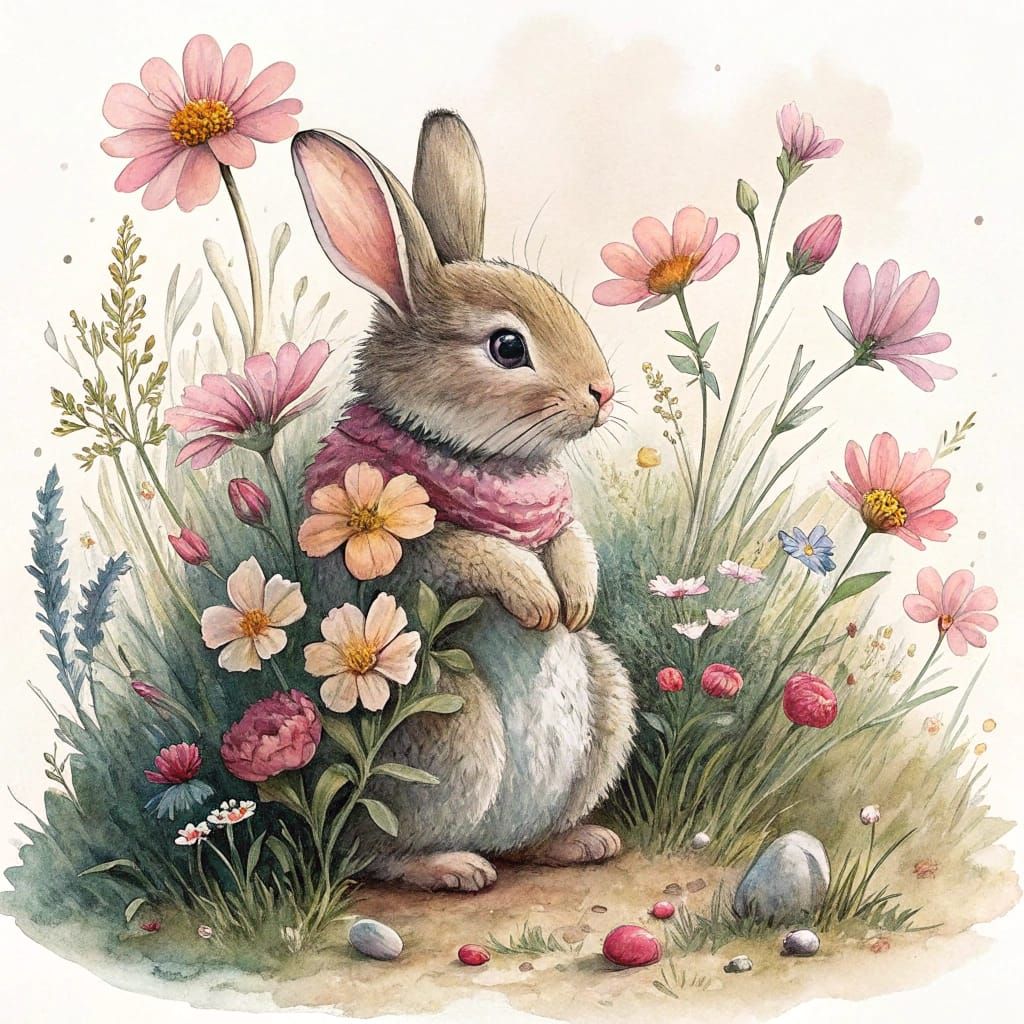 Rabbit in Wildflowers, Whimsical Illustrated Style