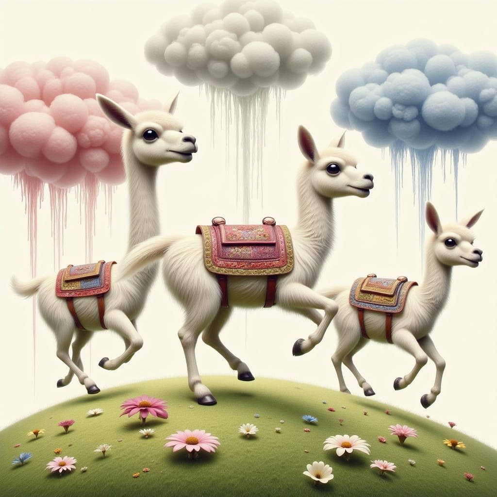 Mini Llamas Jumping on Pastel Clouds in Whimsical Style