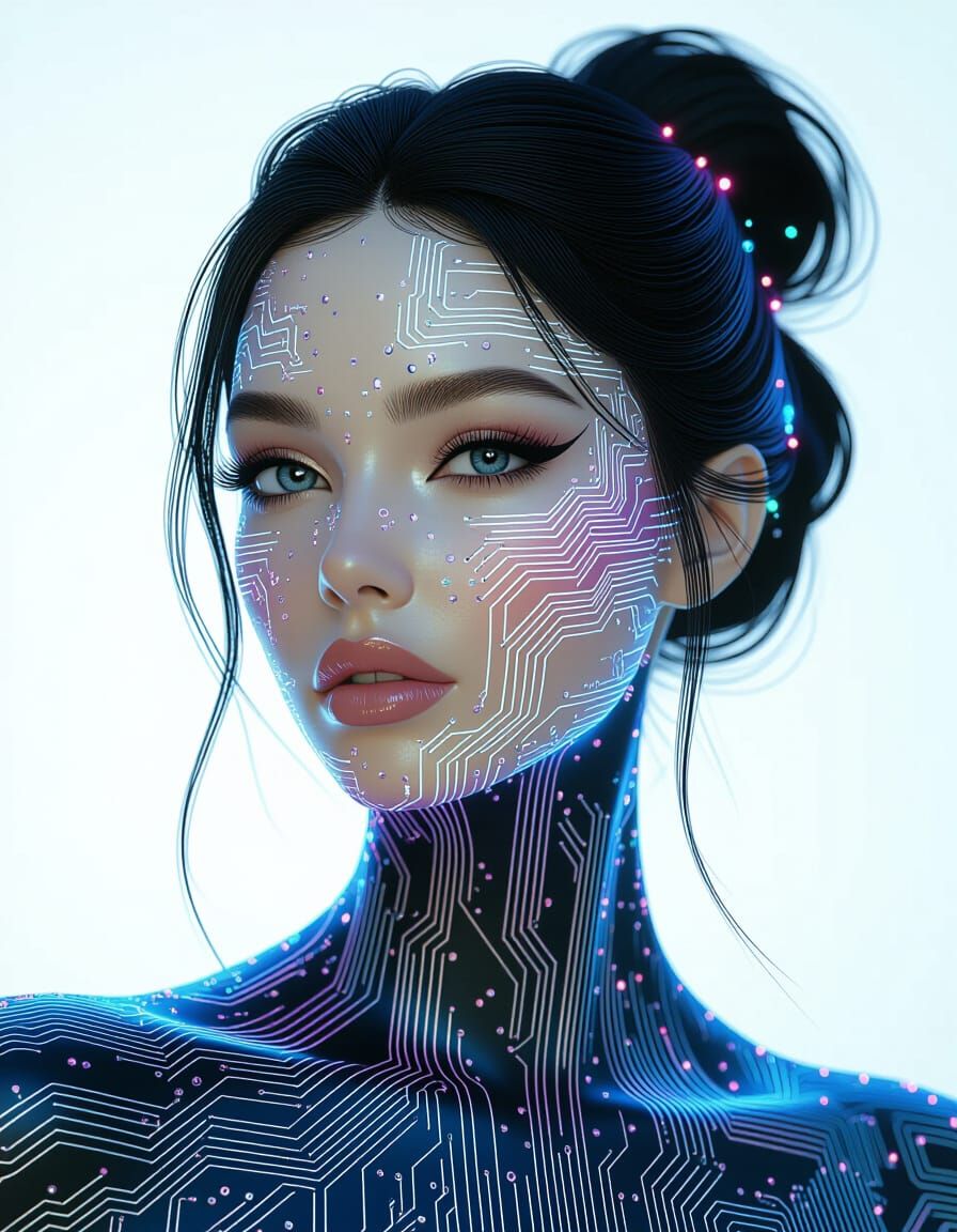 Woman with Circuitboard Skin in Holographic Illustration