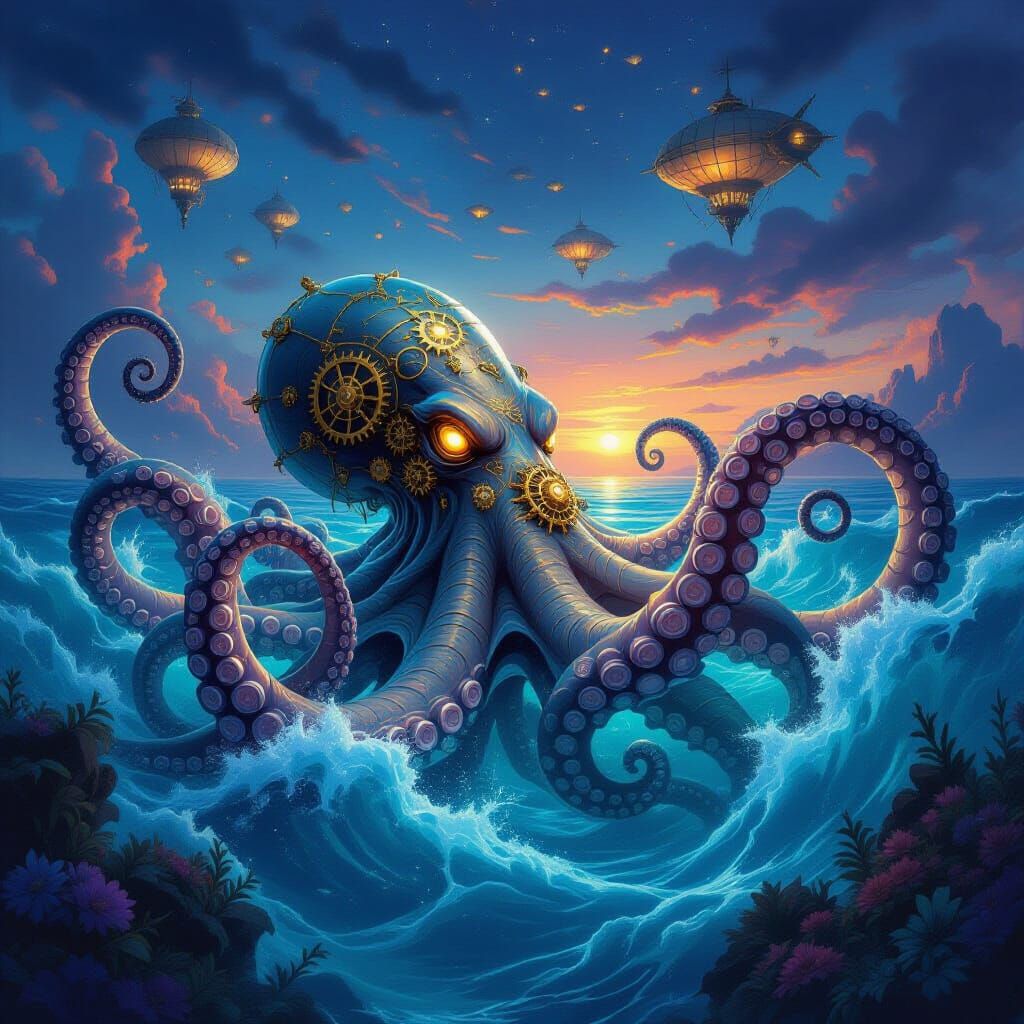 Steampunk Kraken Rises From Bioluminescent Ocean