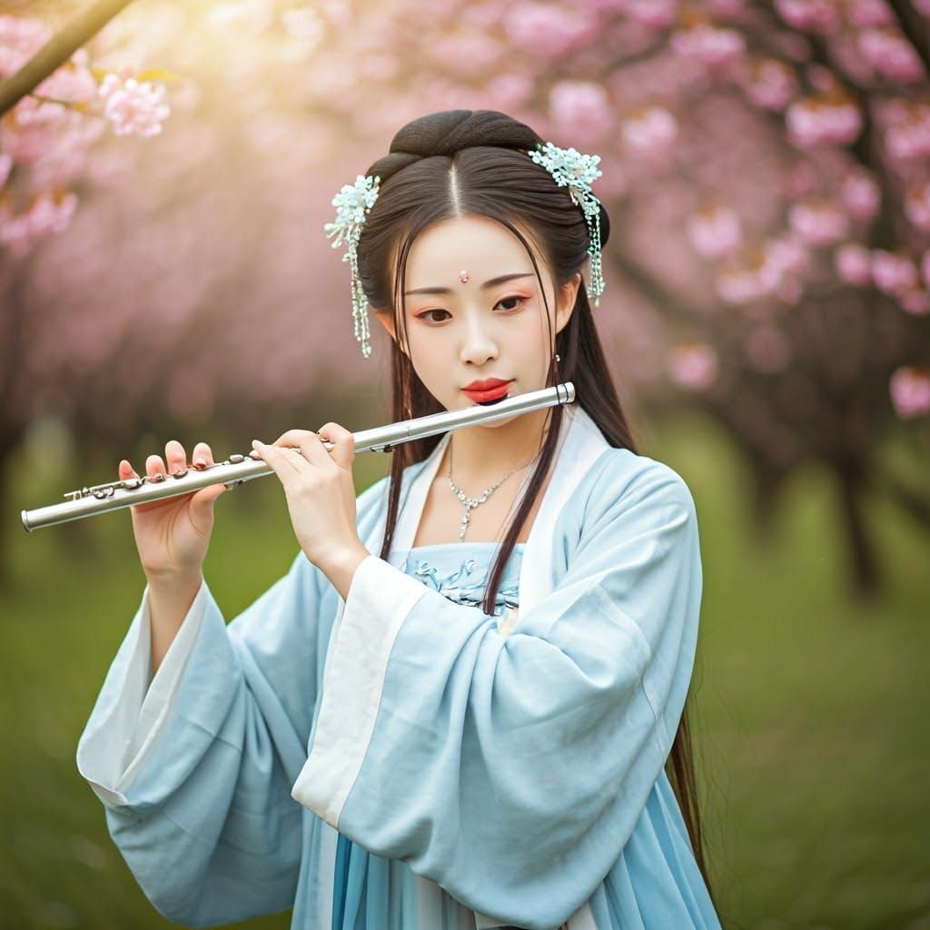 Ethereal Chinese Flute Player in Blossoming Garden