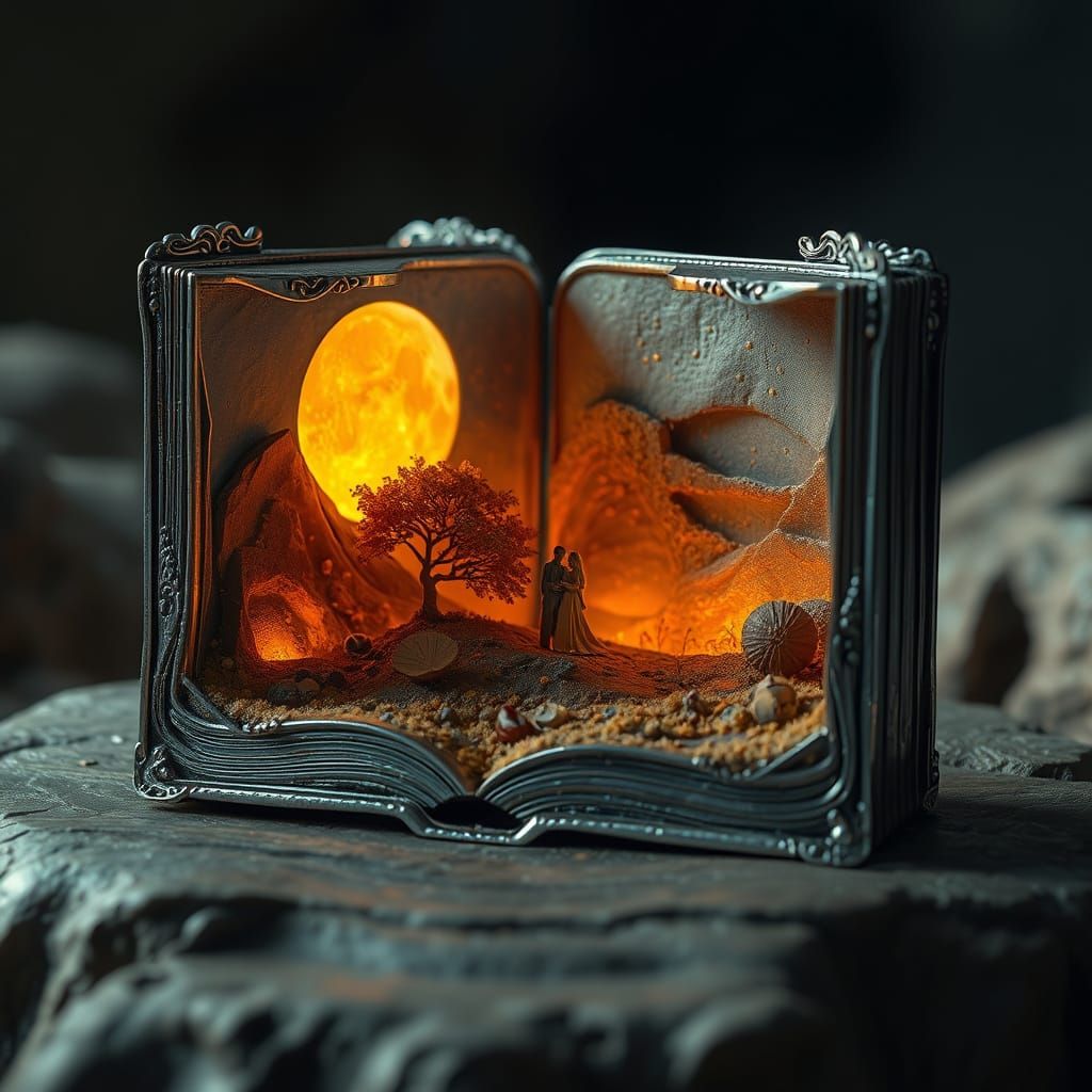 Glowing Landscape Inside Metal Book Sculpture
