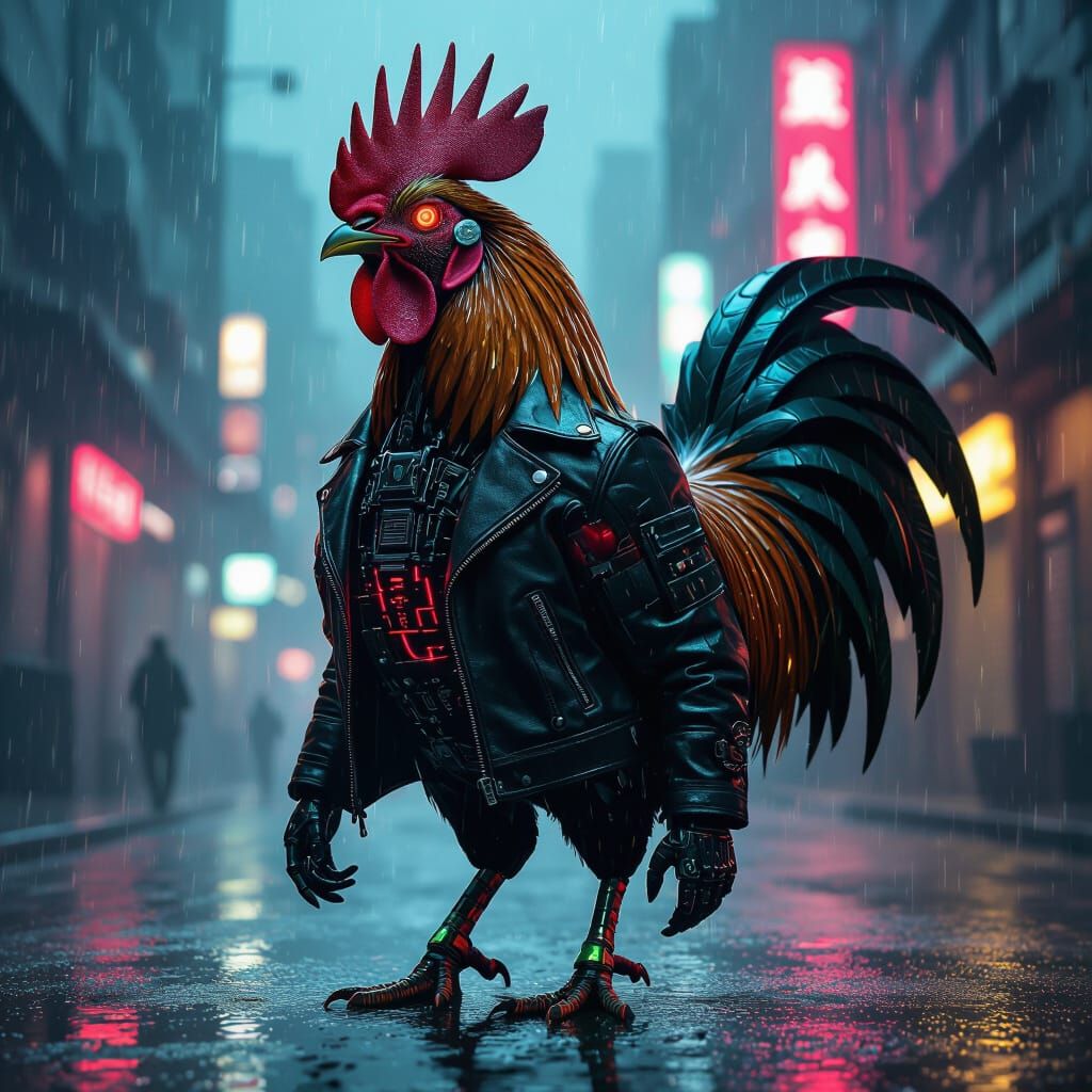 Cybernetic Rooster Strutting Through a Neon Cityscape