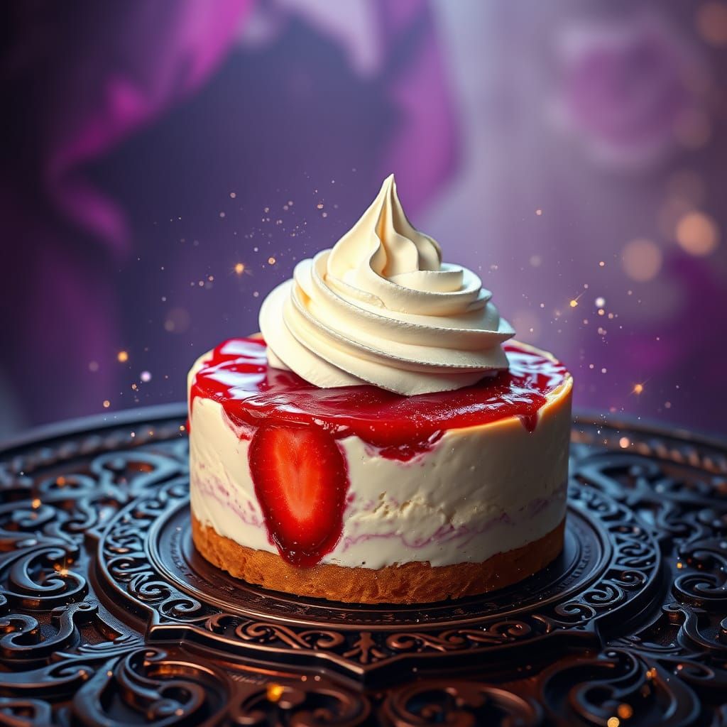 Surreal Strawberry Cheesecake Under Mystical Starlight