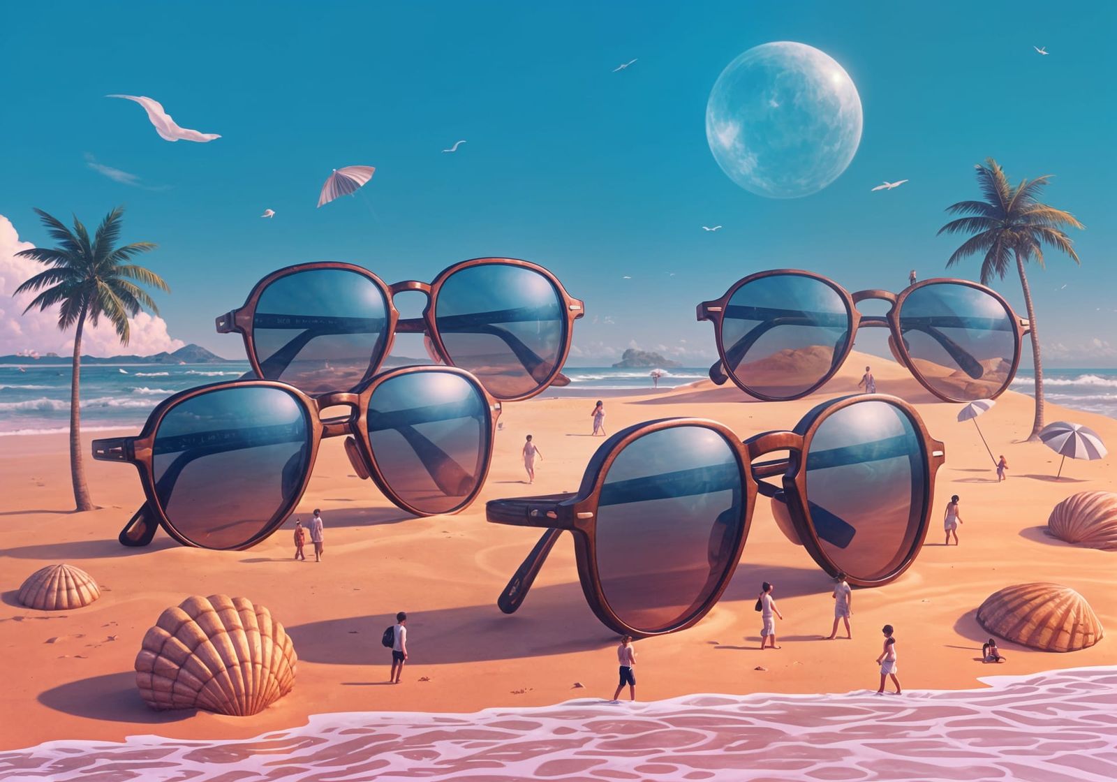 Vaporwave Beach Scene with Giant Sunglasses