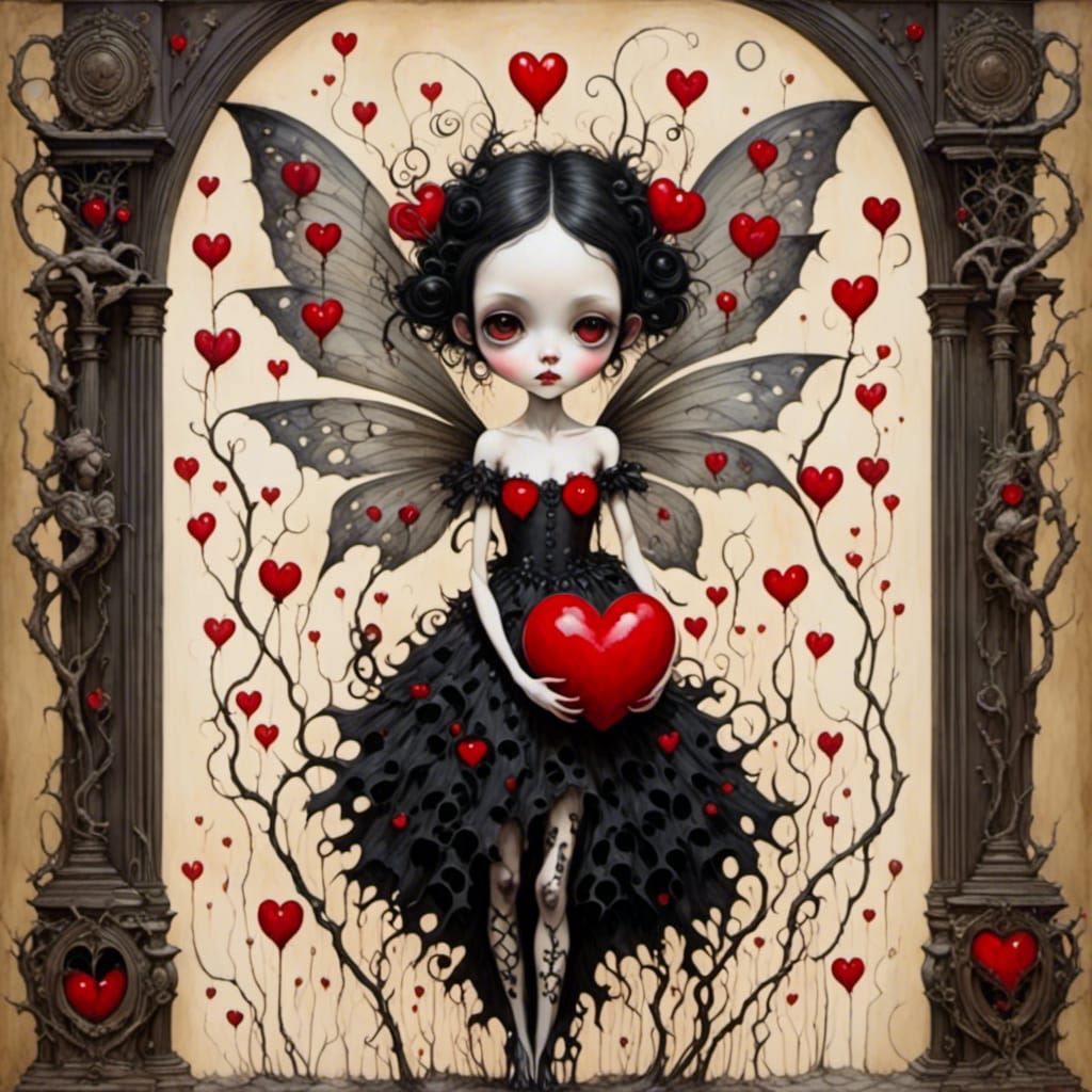 Creepy Valentine Fairy with Bomb in Dark Surrealist Style