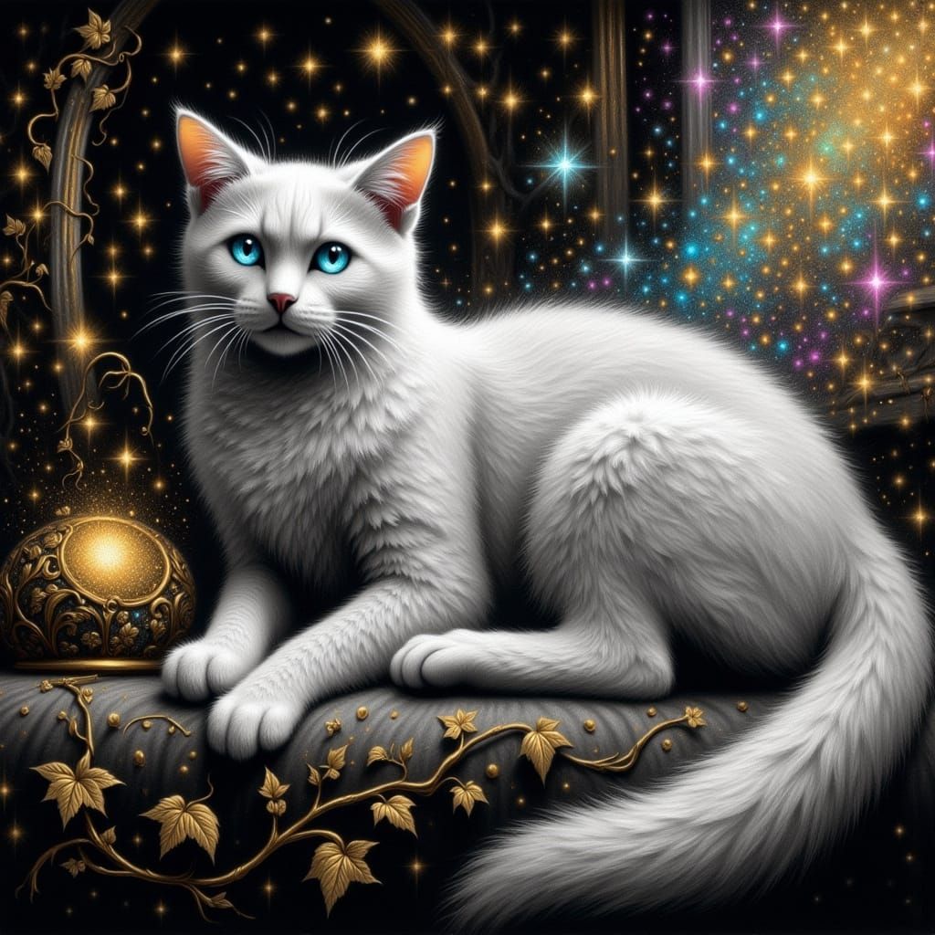 Ethereal White Cat Portrait in Pre-Raphaelite Style