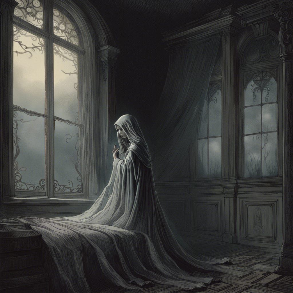 Ghost Girl in Abandoned Mansion, Horror Illustration