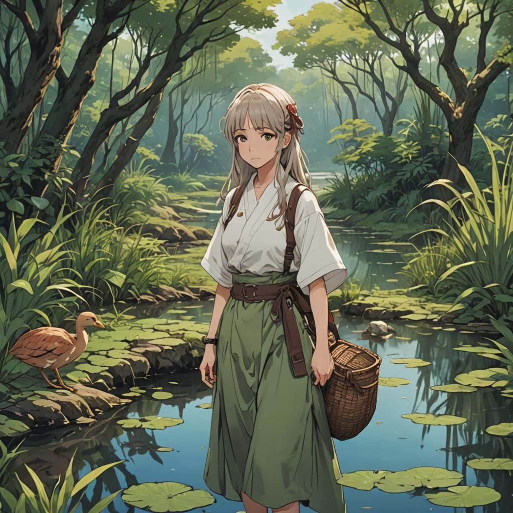 Anime Woman in Whimsical Wetlands