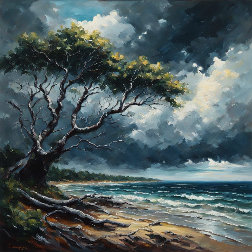 Dramatic Seascape with Trees in Oil Painting Style