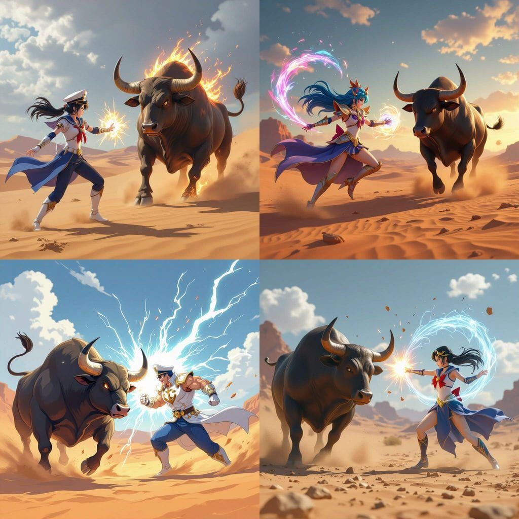 Yugioh Sailor Battles Elemental Bull in Desert
