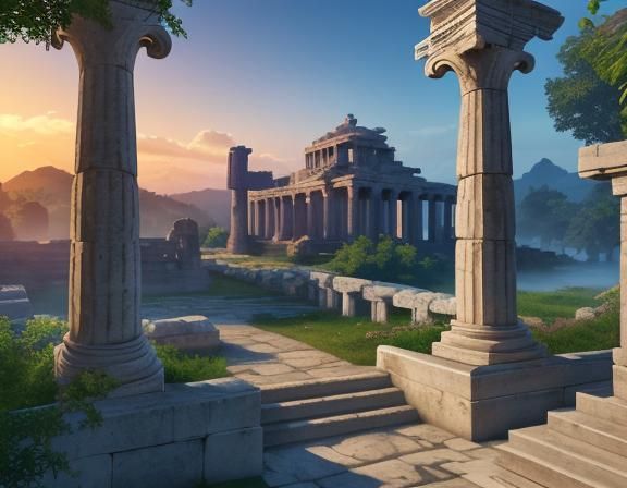 Majestic Greek Temple in Lush Forest at Sunset