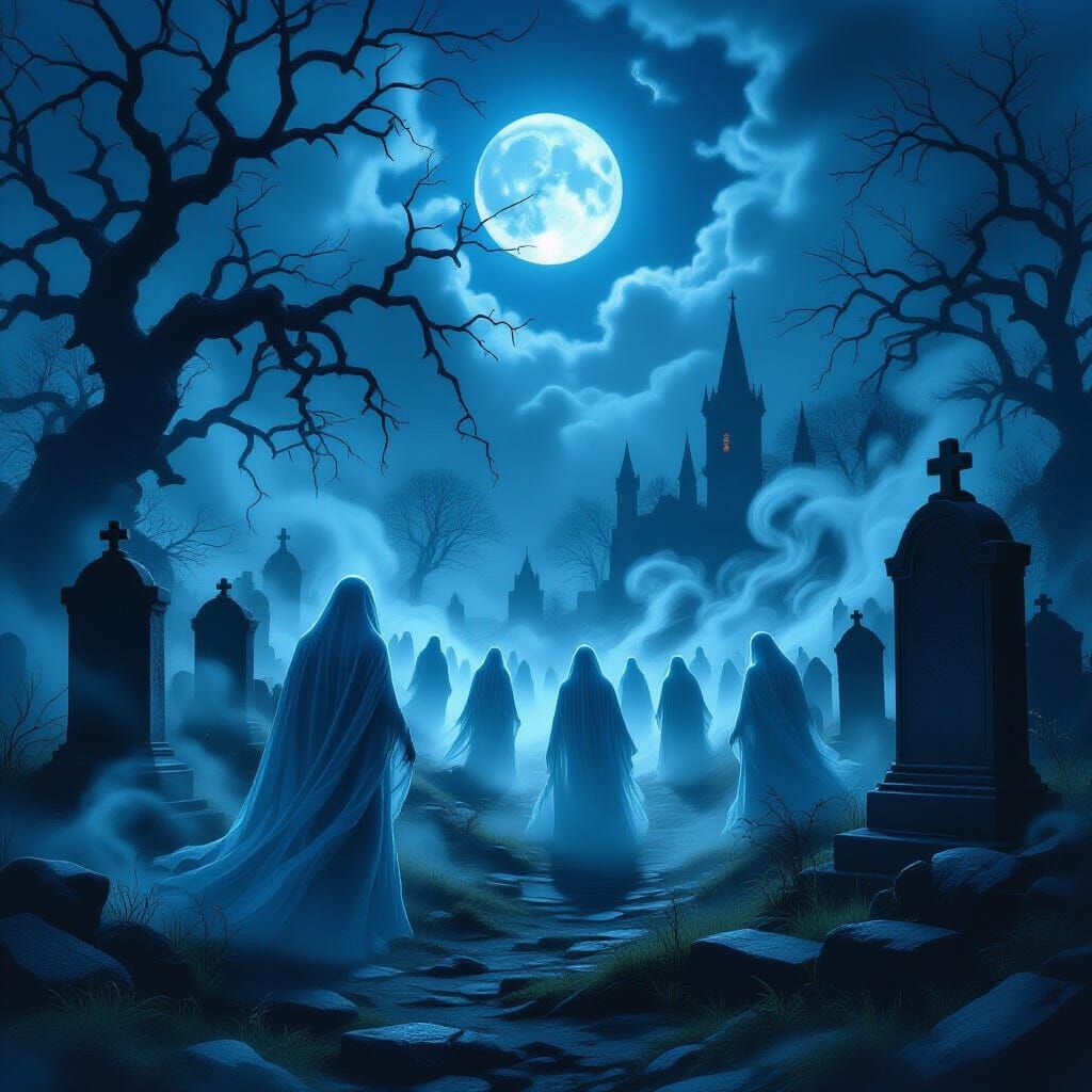 Ethereal Moonlit Cemetery Scene in Dark Fantasy Style