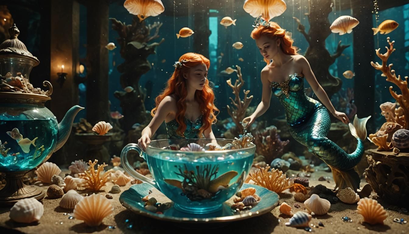 Mermaid Diving into Teacup Aquarium, Cinematic Style