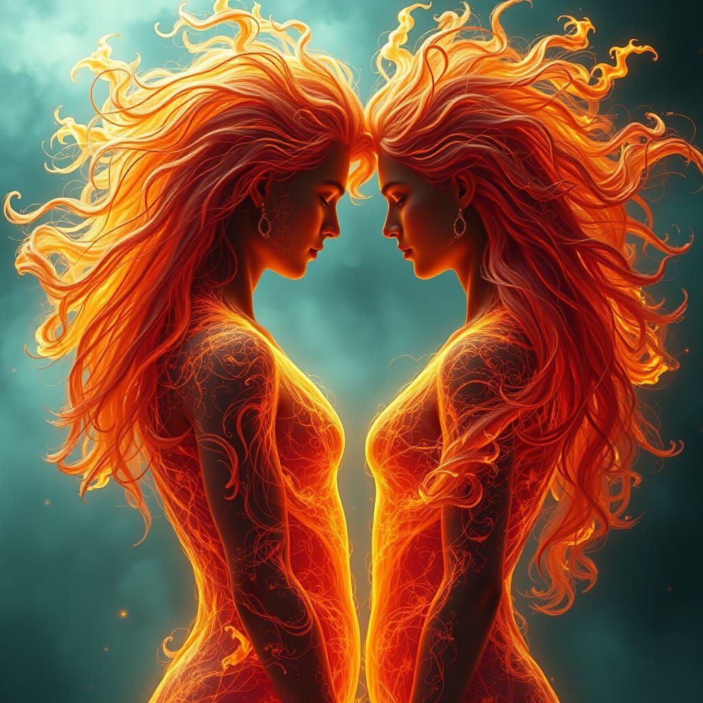 Flaming Twin Flames in a Swirling Golden-Orange Inferno