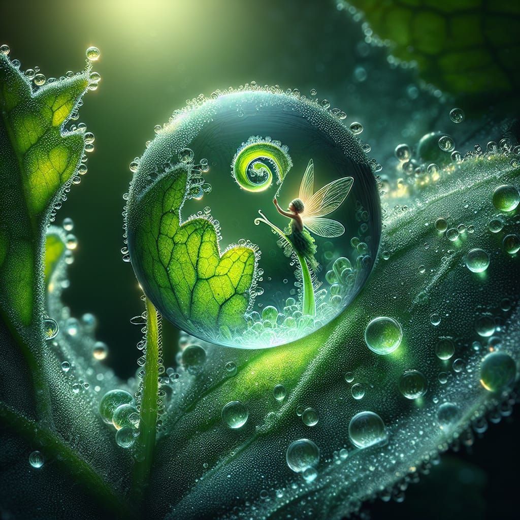 Dew-Kissed Leaf with Tiny Fairy