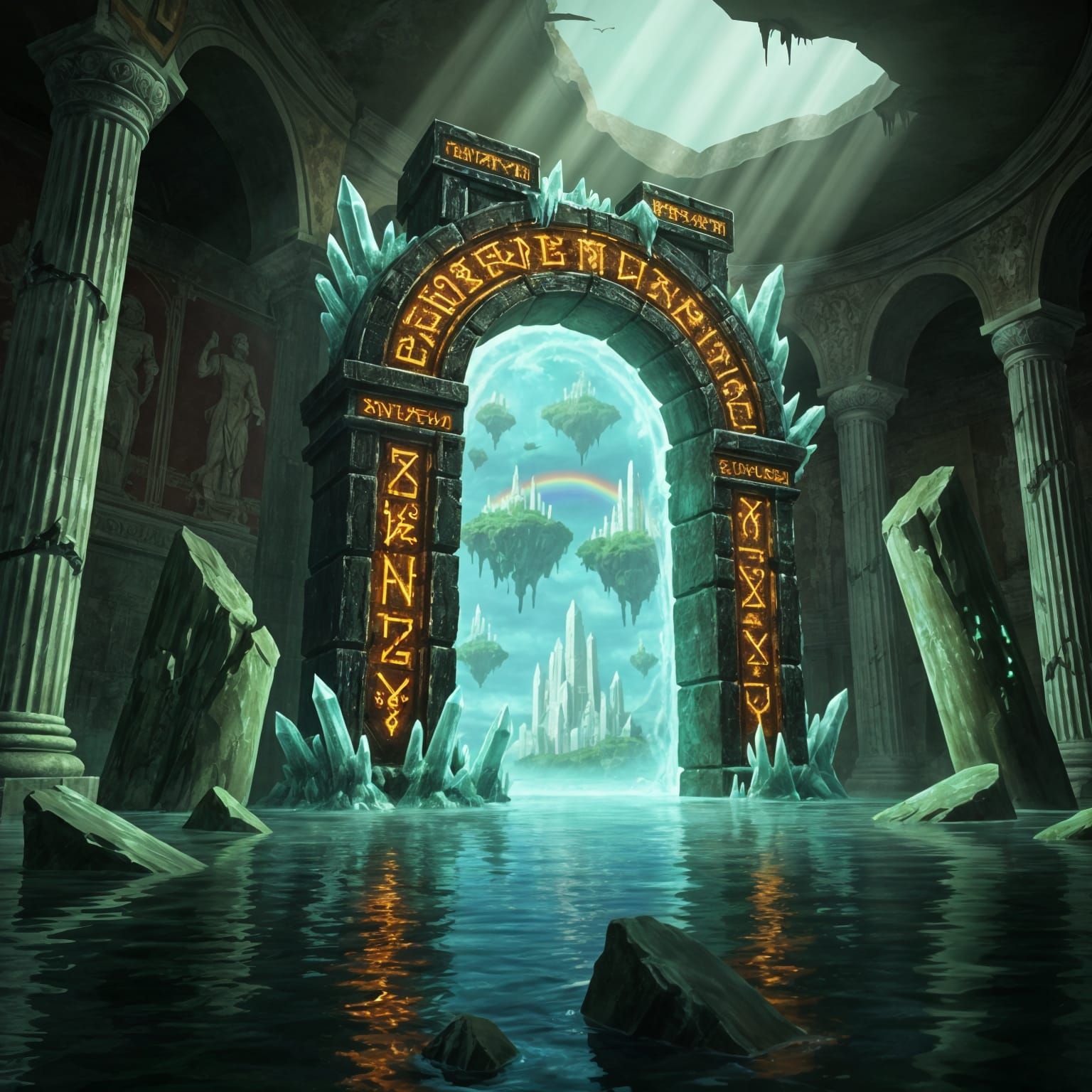 Glowing Runic Portal in Flooded Temple Ruins