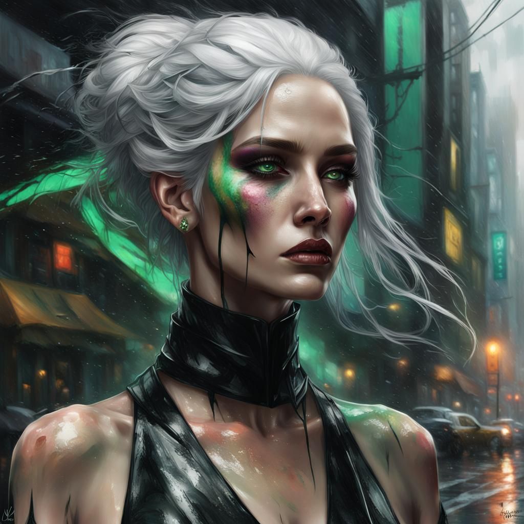 Dystopian Portrait of Woman in the Rain