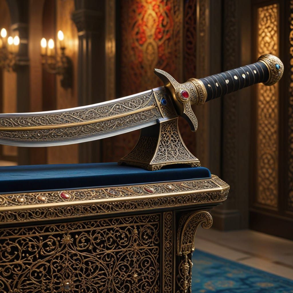 Majestic Gold-Encrusted Arab Scimitar Sword in Museum Displa...