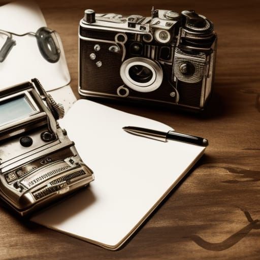 Vintage Camera and Steampunk Engine on Desk