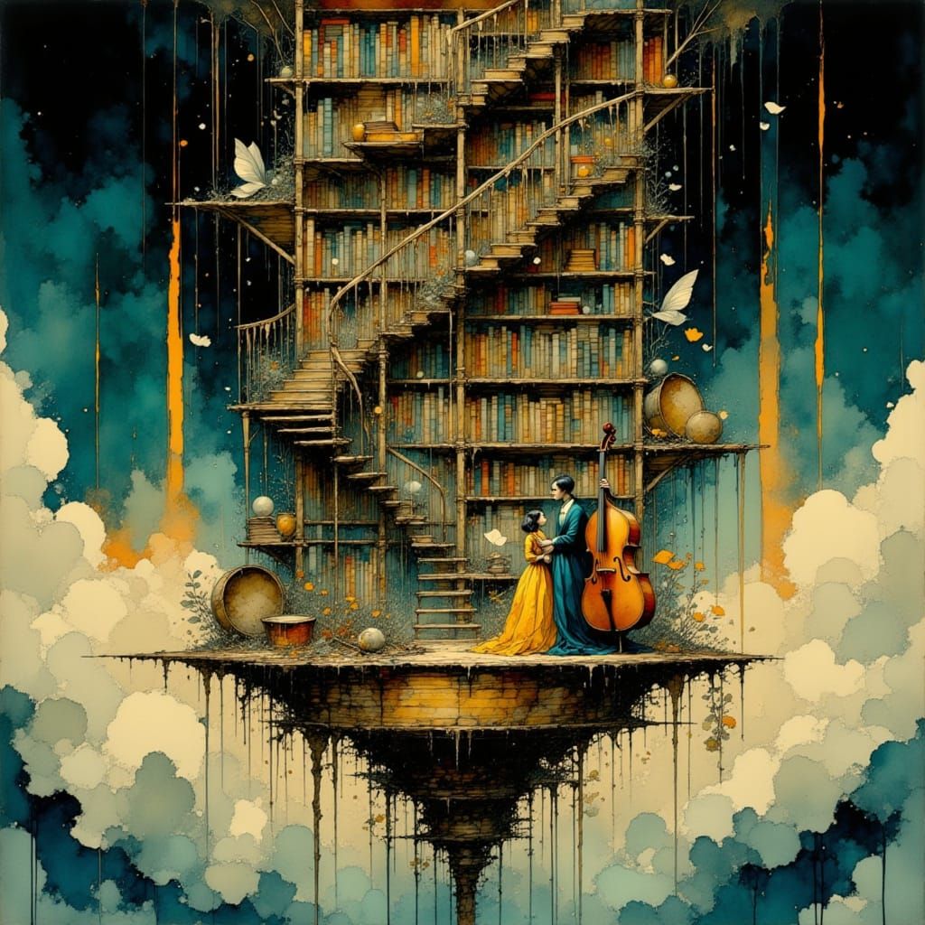 Opera Singers on Stage Above Bookcase Lake