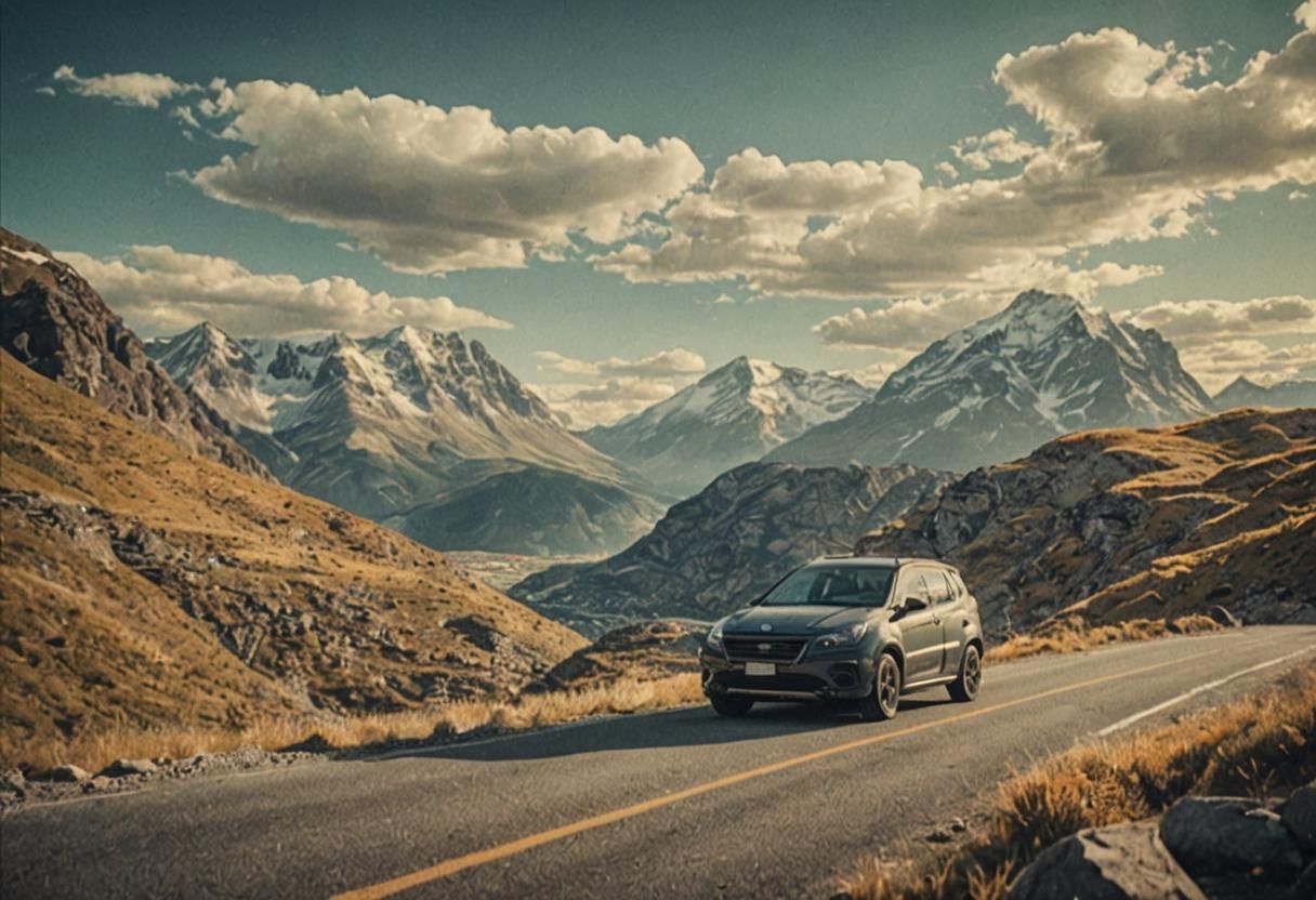 City Car with Mountain View: Cinematic Film Still