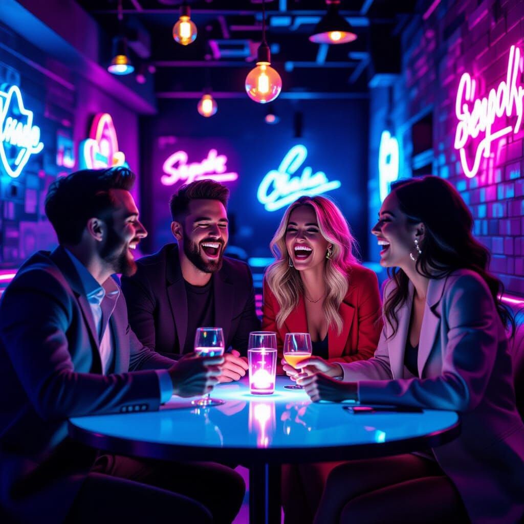 Vibrant Karaoke Night with Friends in Neon Glow