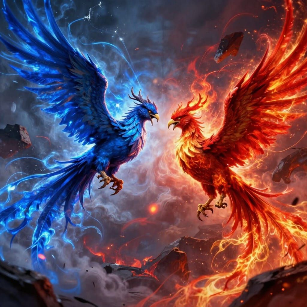 Vibrant Phoenix Battle in Chaotic Sky