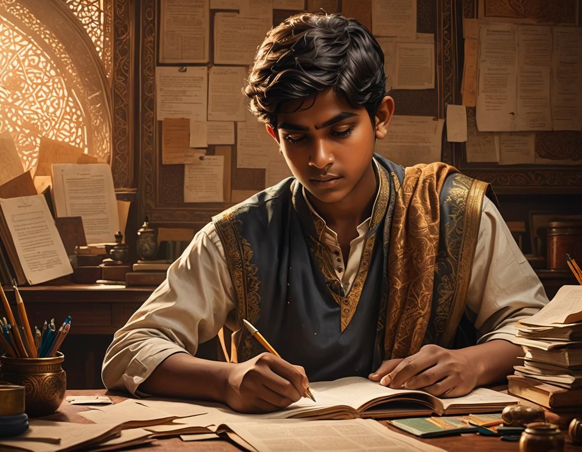 A young indian boy studying diligently or someone working on...