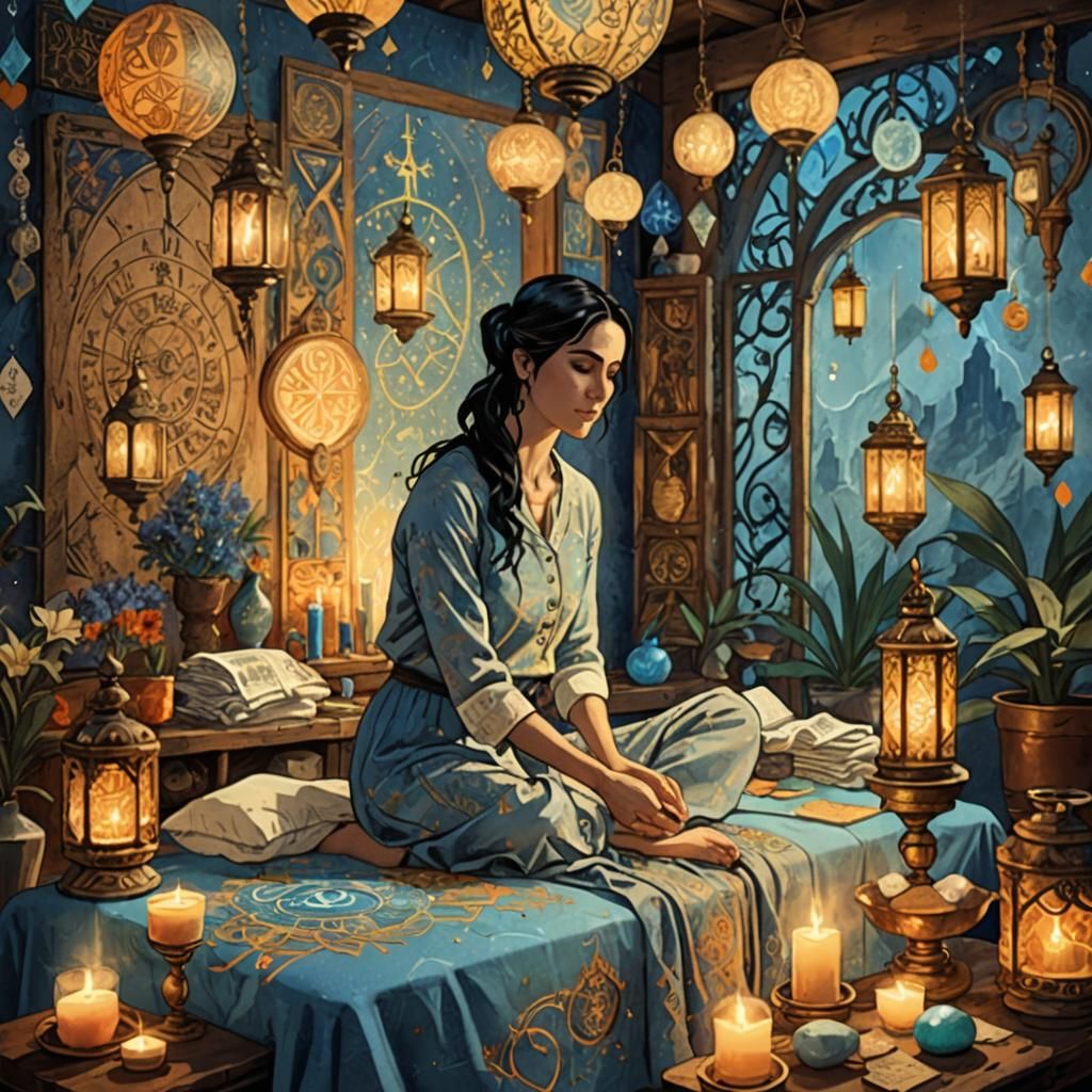 Fantasy Massage Therapist in Cozy Mystical Setting