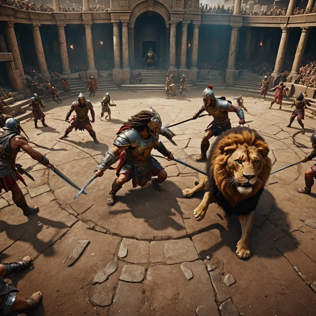 Gladiators Fight Lion in Arena: Detailed Matte Painting