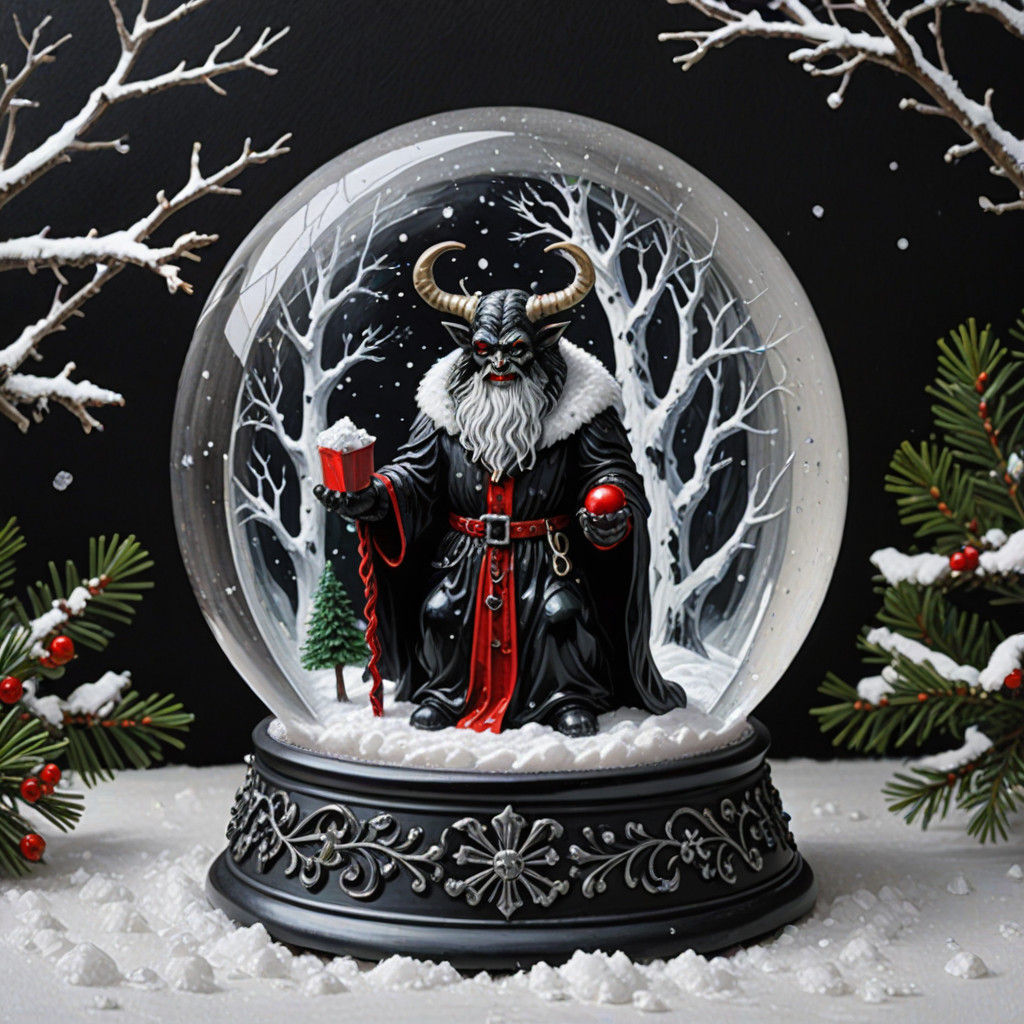 Traditional Gothic Krampus in a Frosty Snowglobe Scene