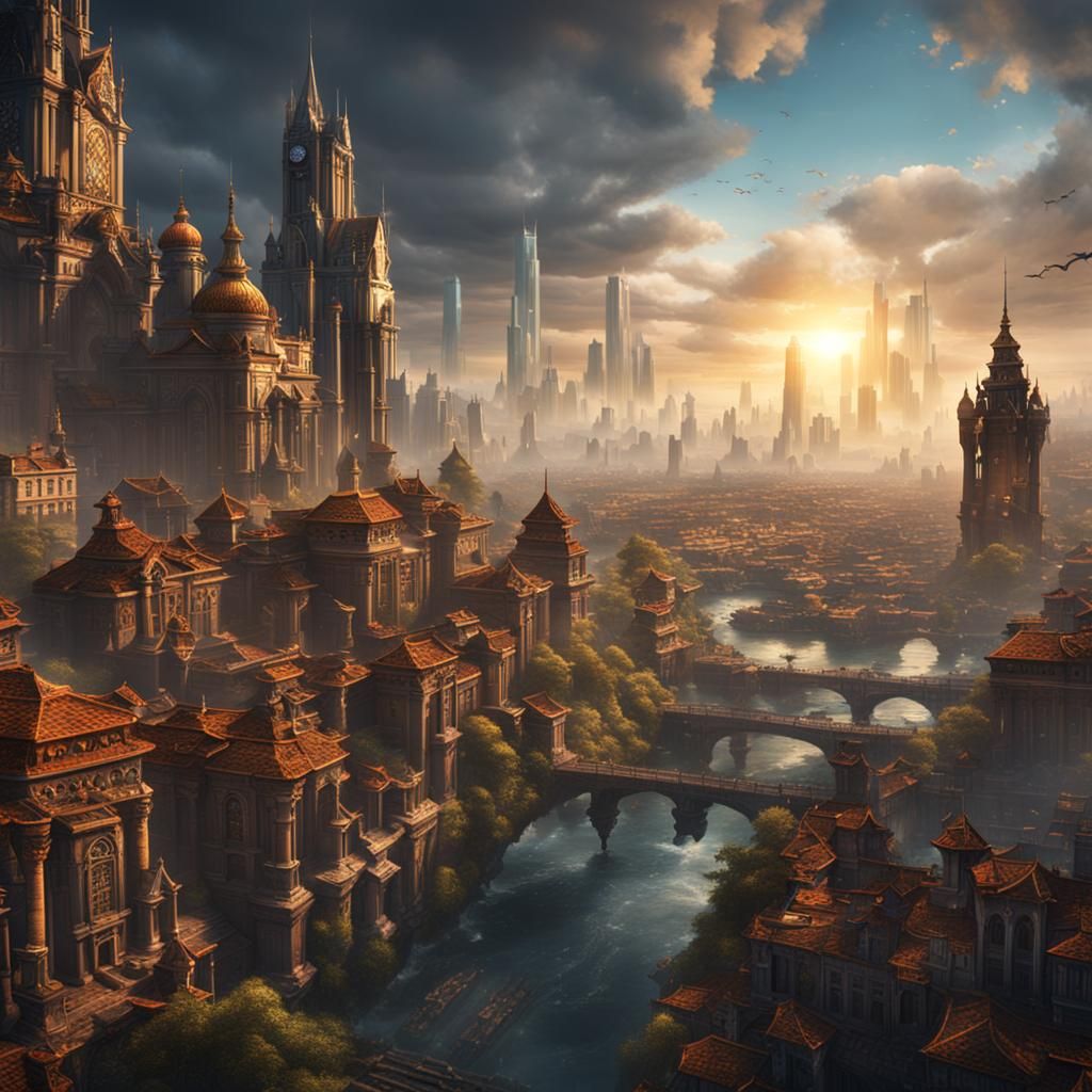 Fantastical City Emerging from Book, Matte Painting