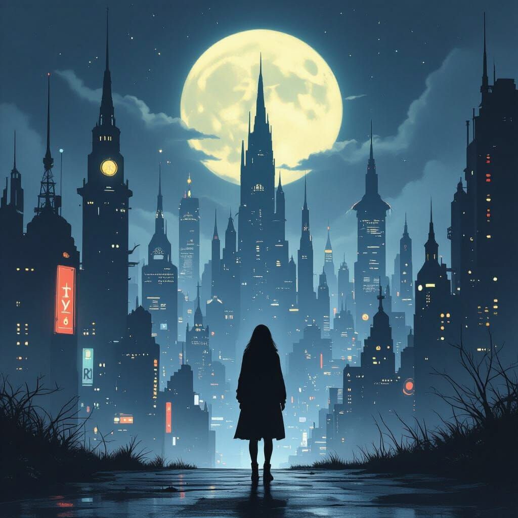 Mystical Cityscape: Woman in a Futuristic Art Style