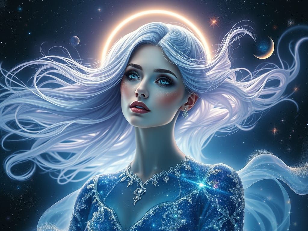 Serene Celestial Goddess in Cosmic Halo
