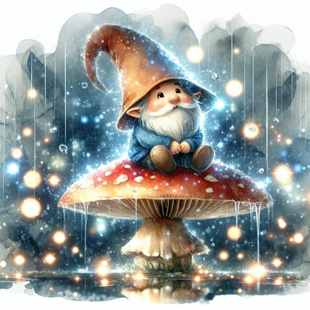 Gnome on Mushroom: Watercolor Fantasy Illustration