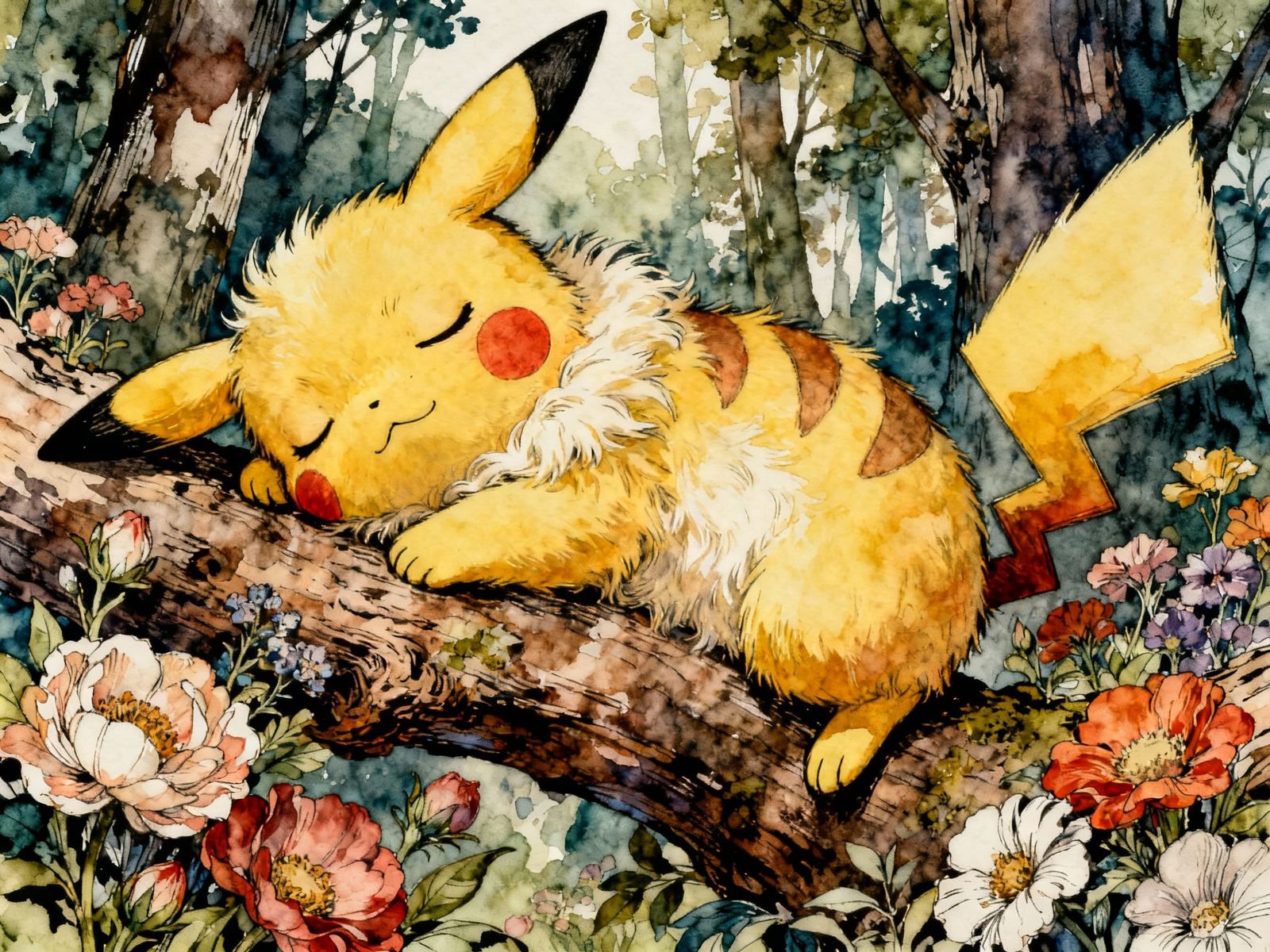 Cute Fluffy Pikachu Sleeping on a Tree Branch in Vibrant Col...
