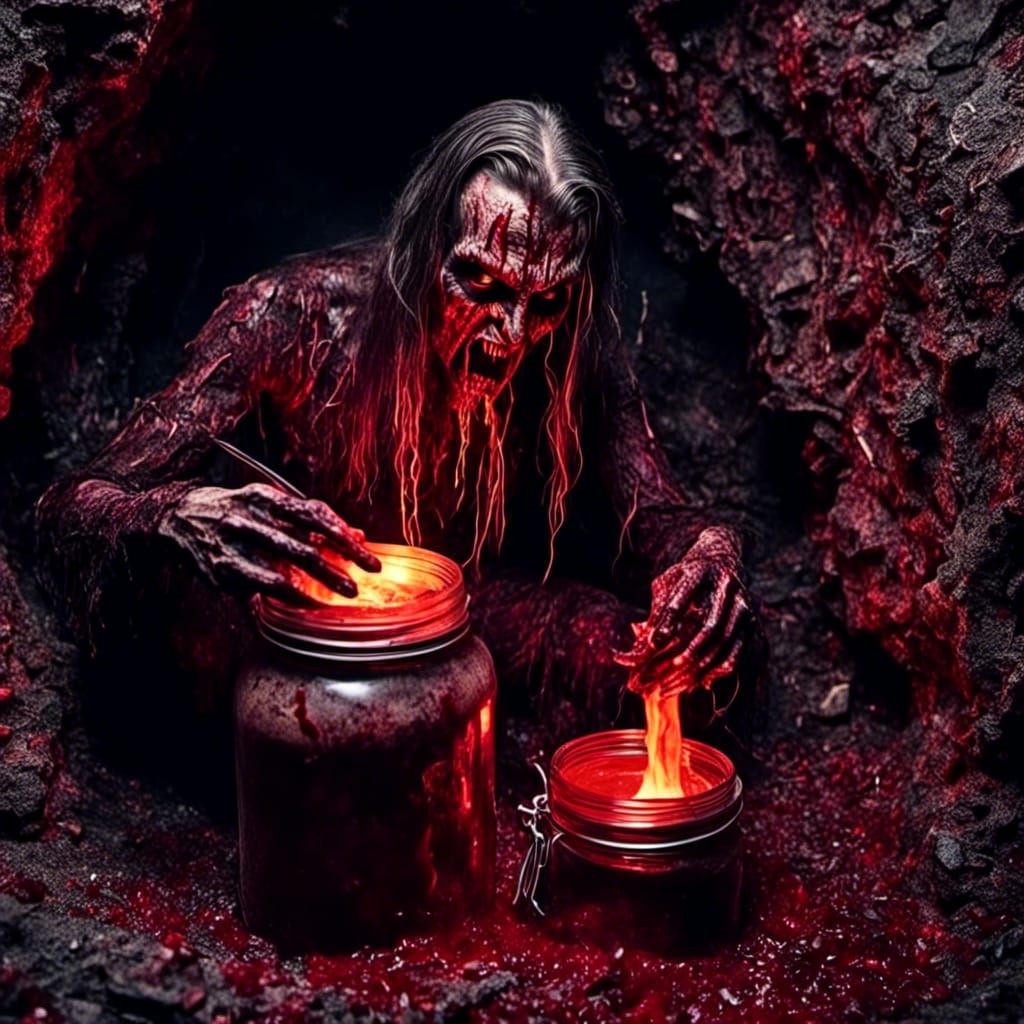 Eerie Jar of Blood in Fire-Lit Cave