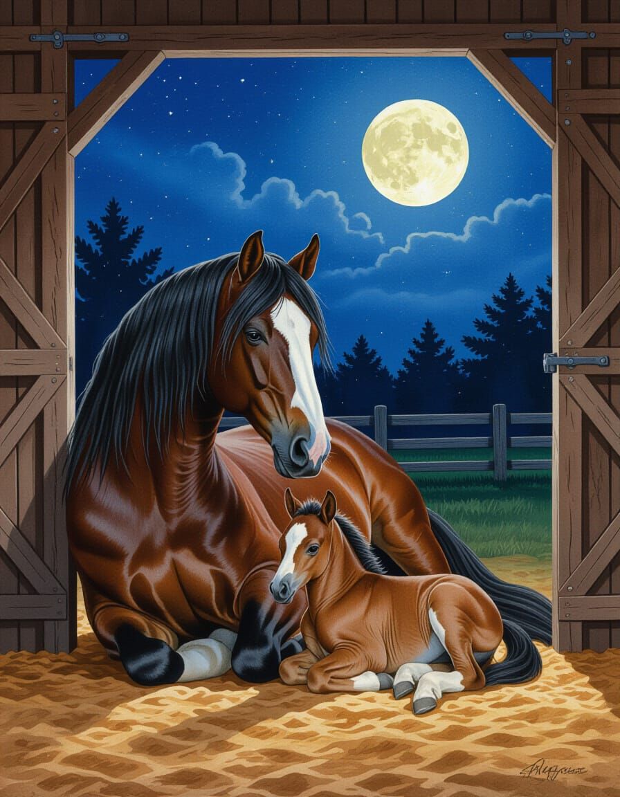 Clydesdale Horse and Foal in Barn at Night