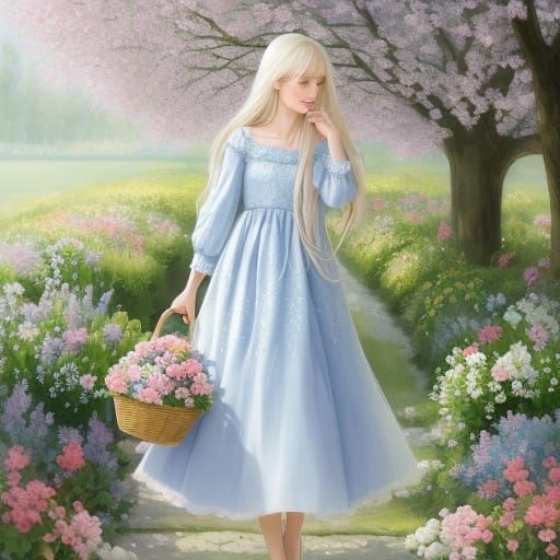 Whimsical Watercolor Girl Enters Pastel Garden with Easter E...