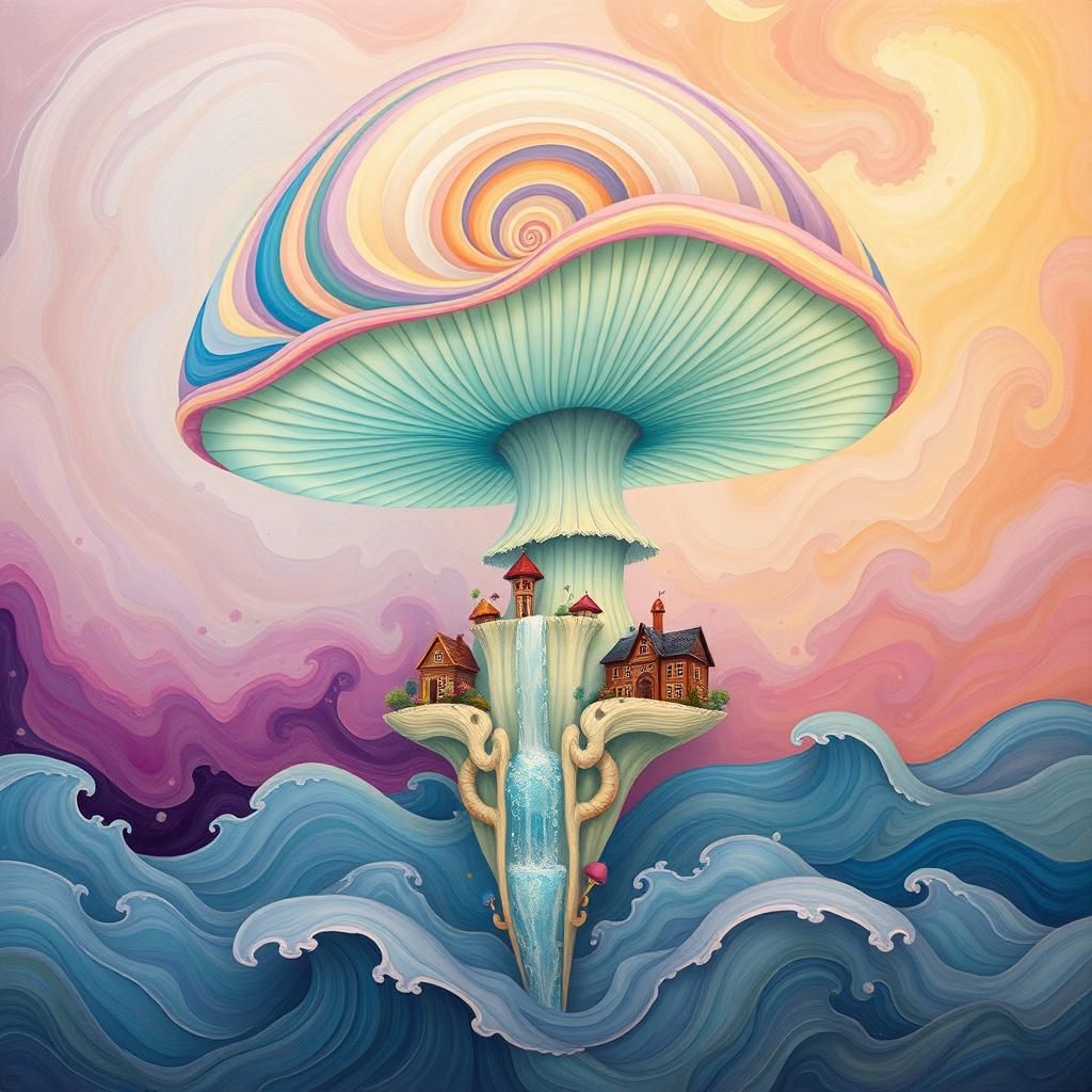 an abstract of a  wacky giant floating mushroom in the sky, the mushroom has waterfalls  dripping down, and tiny houses ...