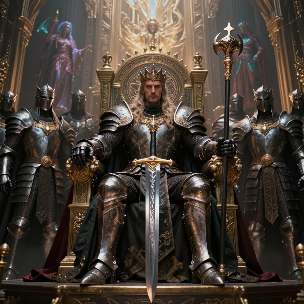 Regal King on Throne with Knights and Gods
