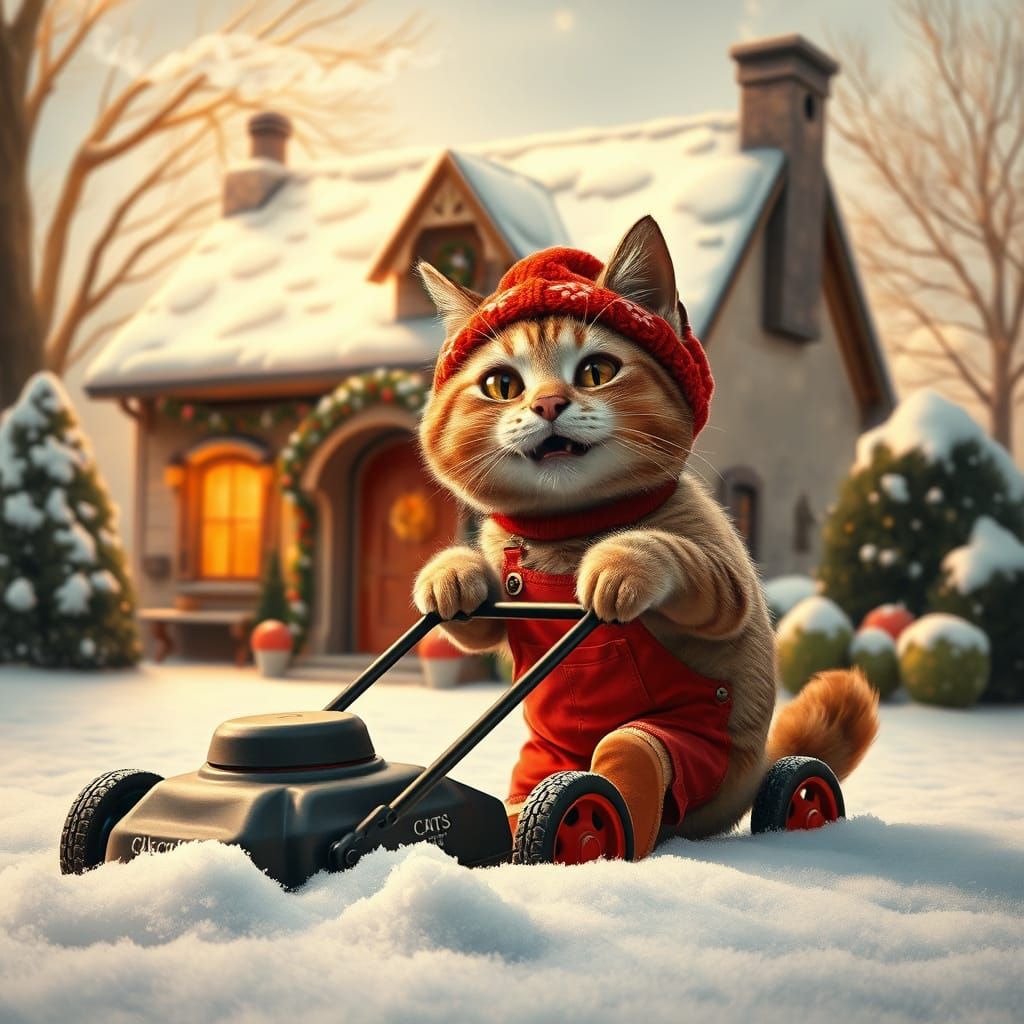 Festive Cat Pushes Lawnmower Through Snowy Wonderland in Whi...