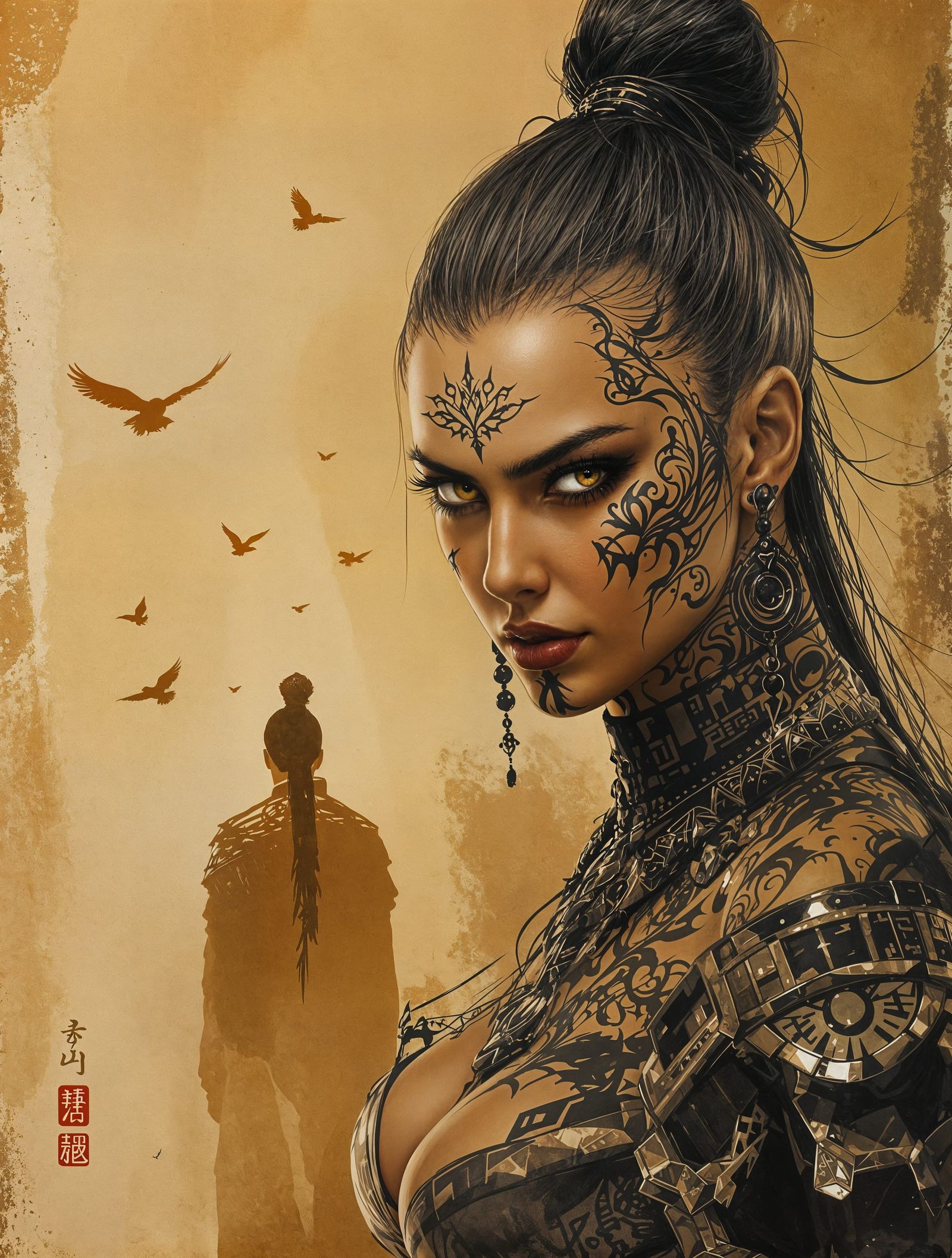 Striking Sepia Portrait of a Powerful Female Warrior