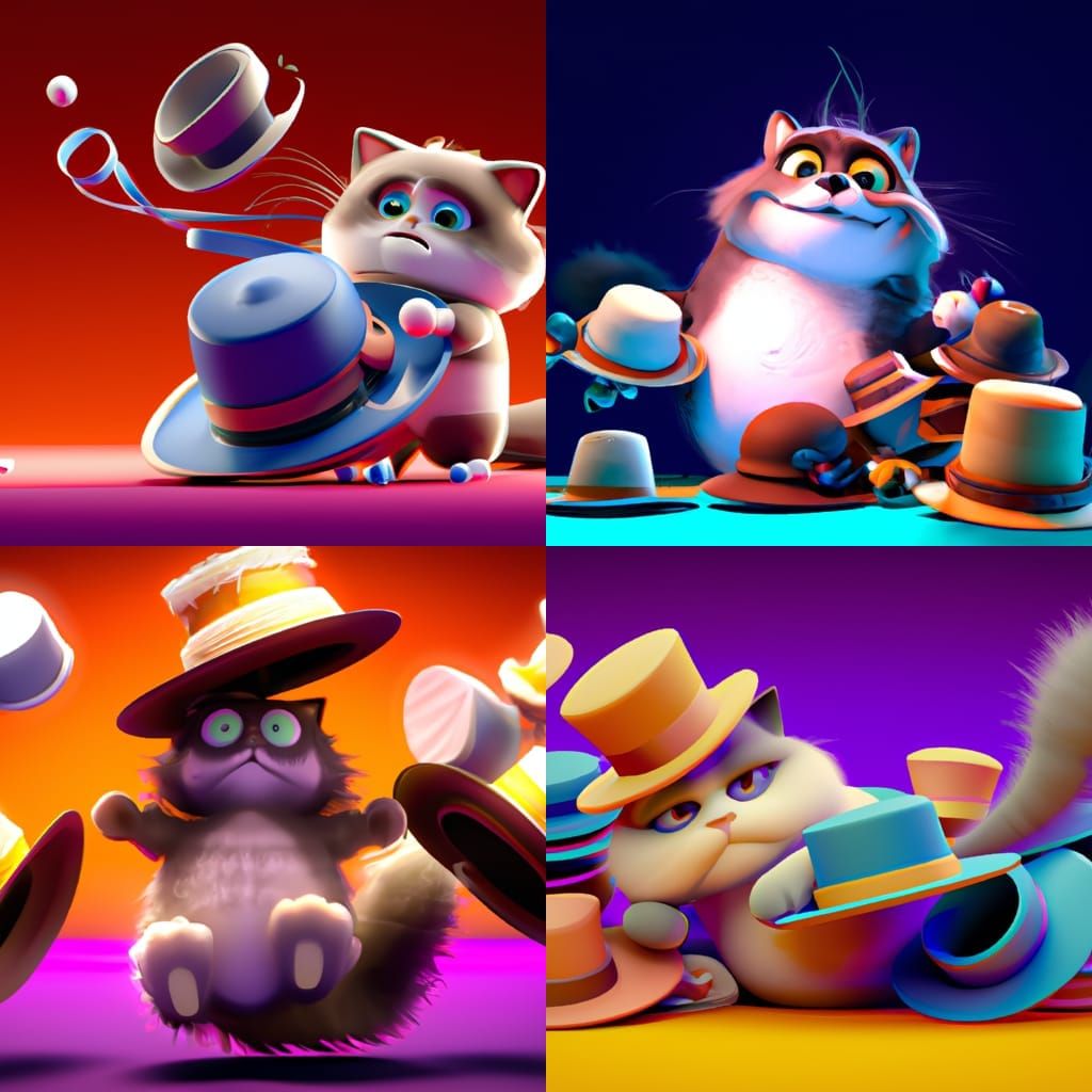 Fluffy Cat Plays with Hats: Pixar-Style 3D Art
